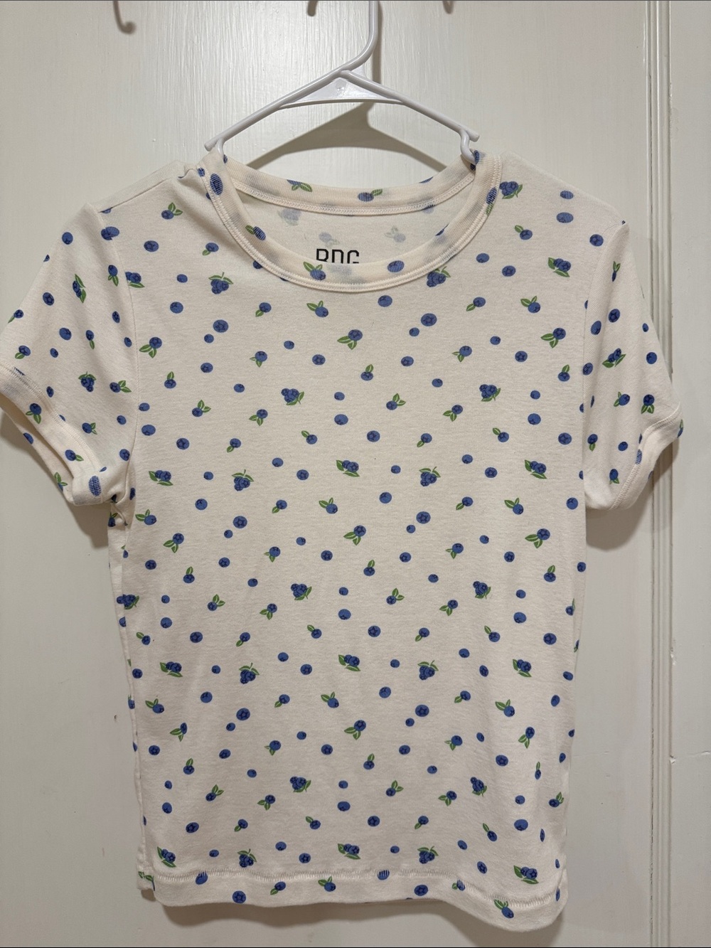 BDG White Tee with Blue Dot and Green Berry Print